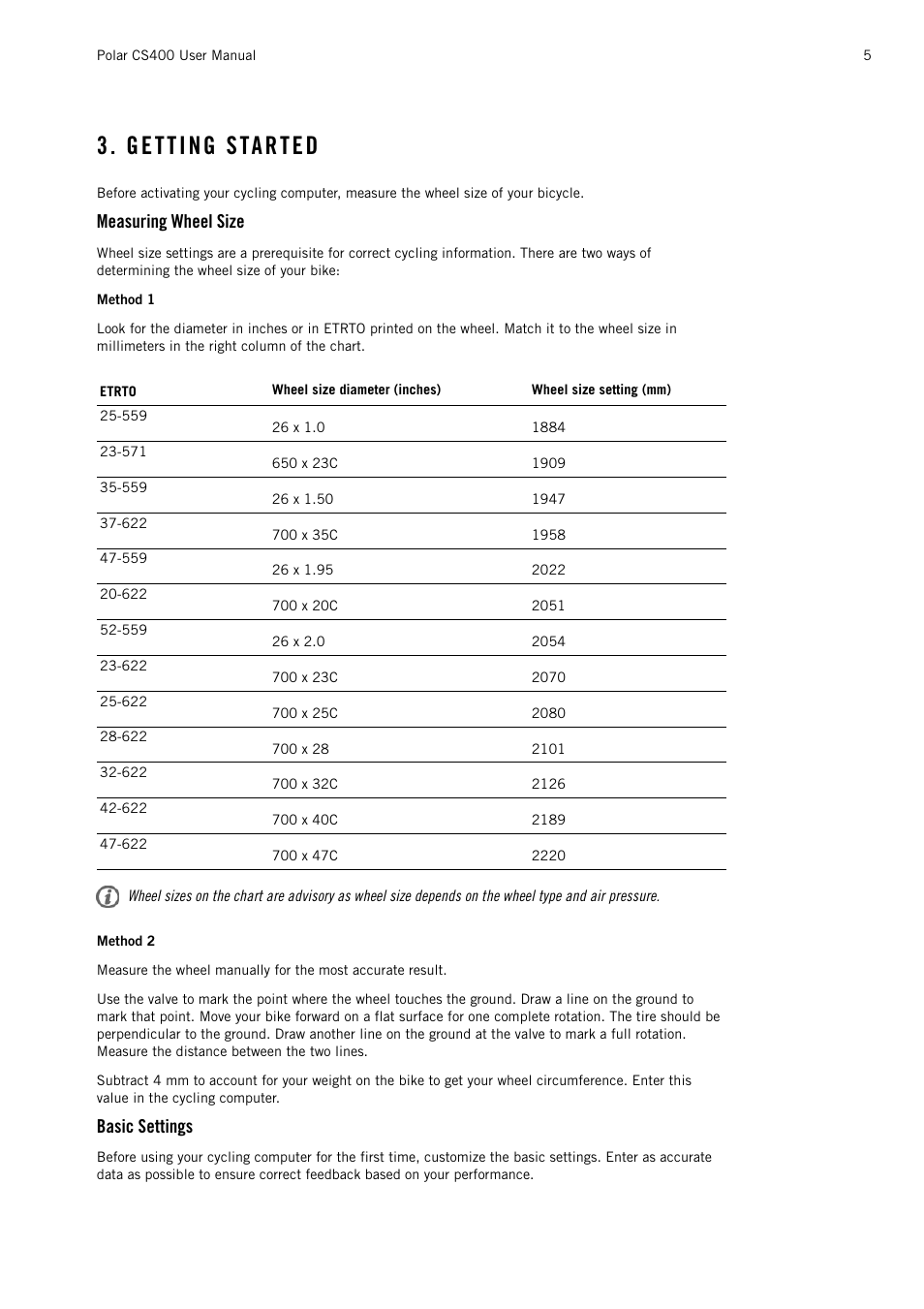 Getting started, Measuring wheel size, Basic settings | POLAR CS400 User Manual | Page 5 / 47