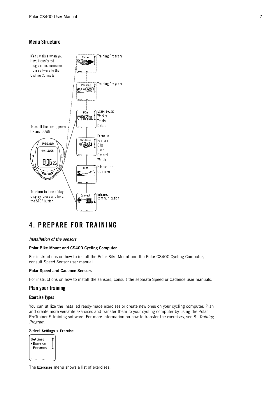Menu structure, Prepare for training, Plan your training | Exercise types | POLAR CS400 User Manual | Page 7 / 47