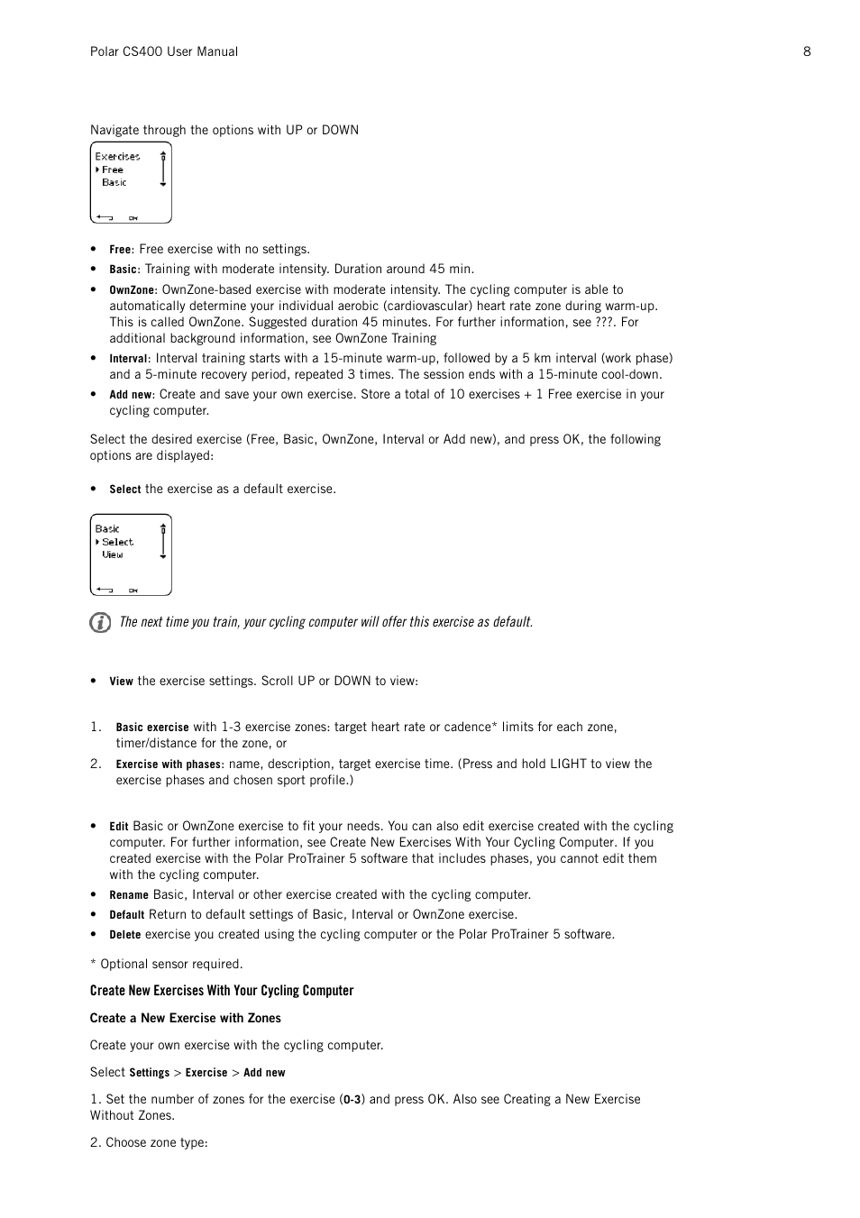 Create new exercises with your cycling computer | POLAR CS400 User Manual | Page 8 / 47