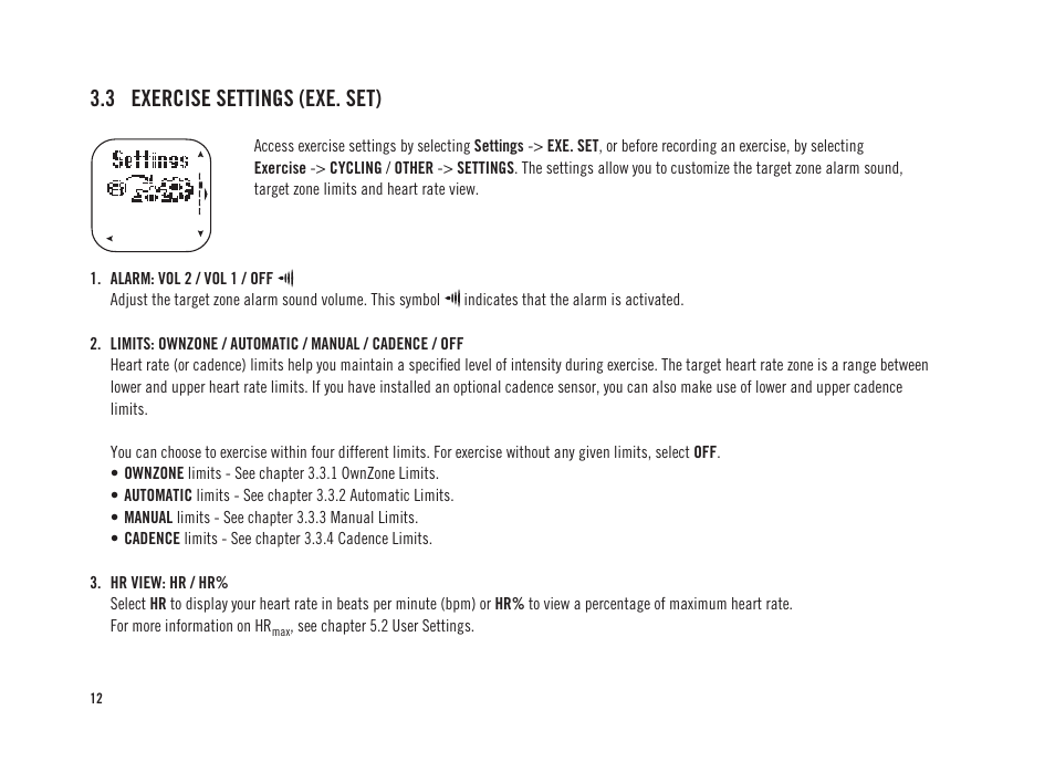 3 exercise settings (exe. set) | POLAR CS300 User Manual | Page 13 / 46