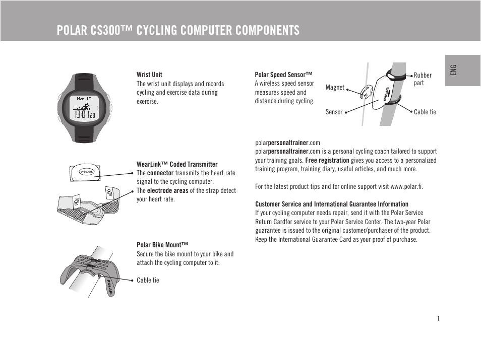 Polar cs300™ cycling computer components | POLAR CS300 User Manual | Page 2 / 46
