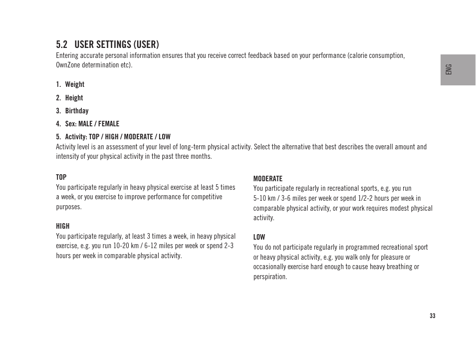 2 user settings (user) | POLAR CS300 User Manual | Page 34 / 46