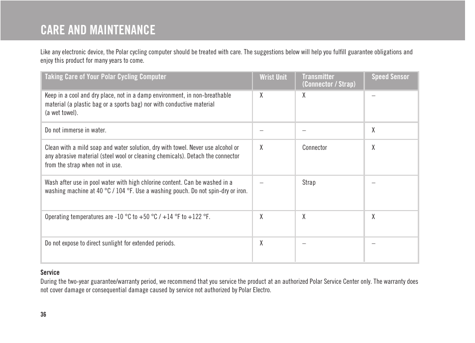 Care and maintenance | POLAR CS300 User Manual | Page 37 / 46