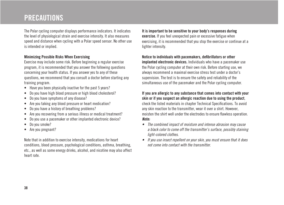 Precautions | POLAR CS300 User Manual | Page 39 / 46
