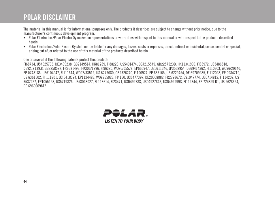 Polar disclaimer | POLAR CS300 User Manual | Page 45 / 46