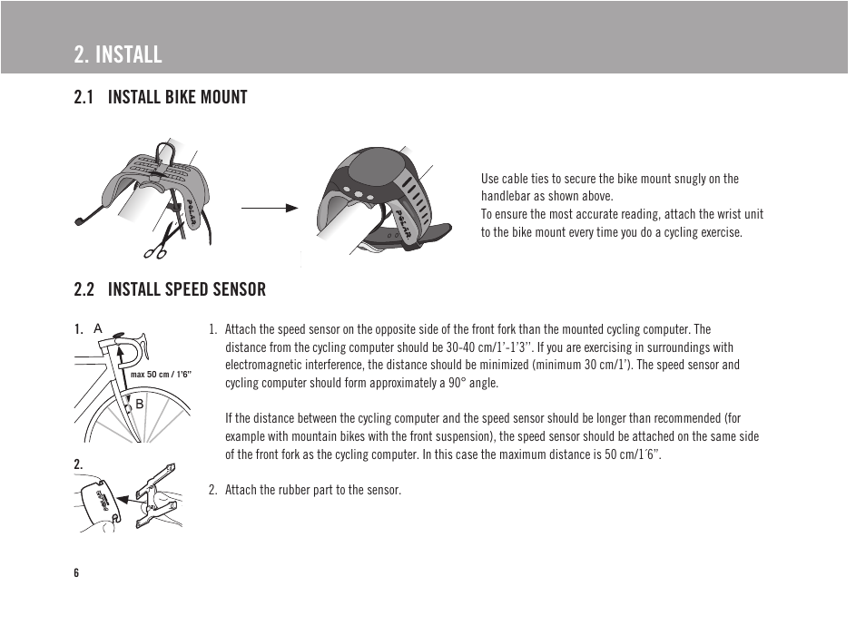 Install, 1 install bike mount, 2 install speed sensor | POLAR CS300 User Manual | Page 7 / 46