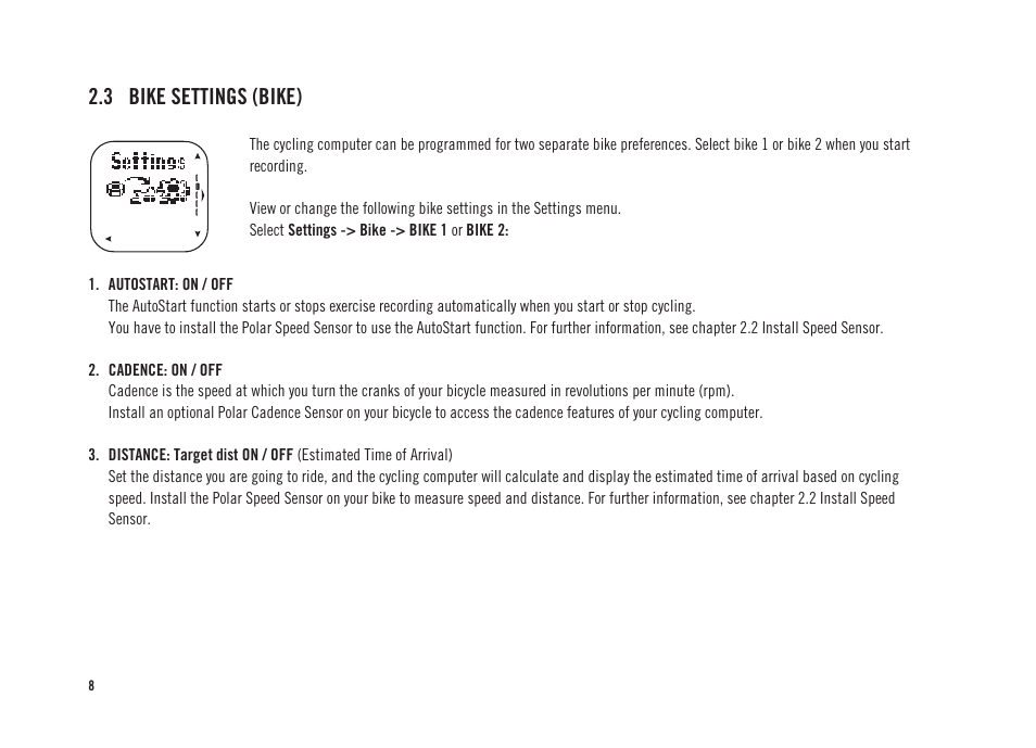 3 bike settings (bike) | POLAR CS300 User Manual | Page 9 / 46