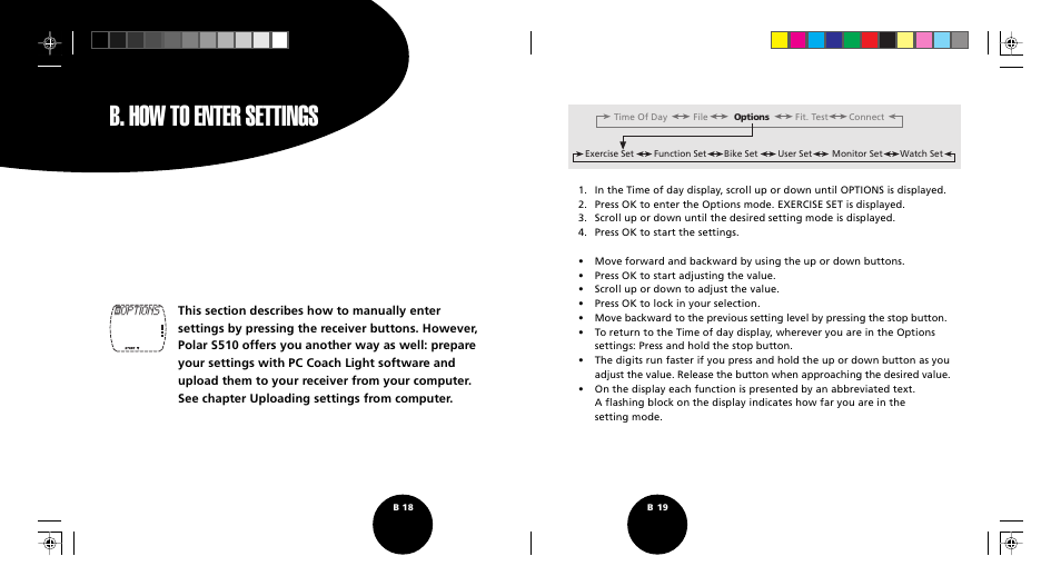 B. how to enter settings | POLAR S510 User Manual | Page 11 / 55