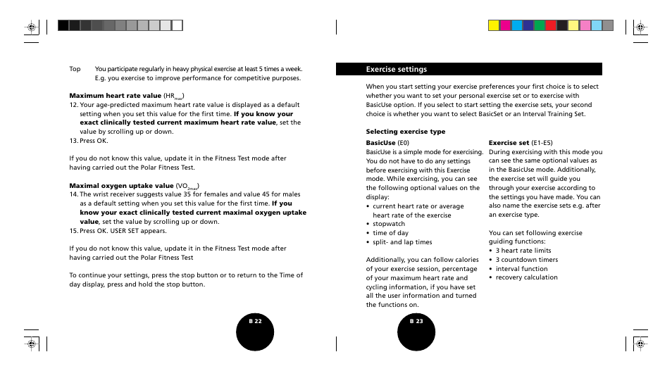 Exercise settings | POLAR S510 User Manual | Page 13 / 55