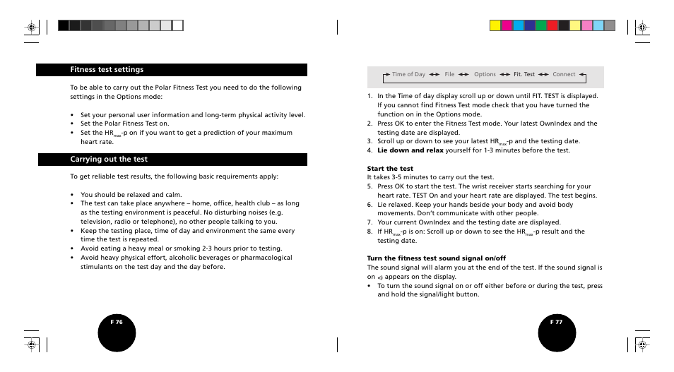 Fitness test settings carrying out the test | POLAR S510 User Manual | Page 40 / 55