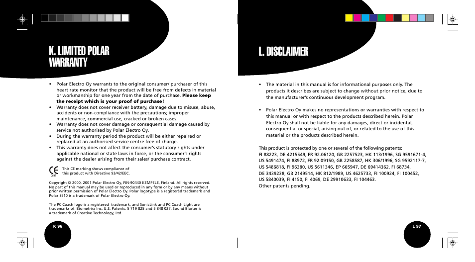 L. disclaimer, K. limited polar warranty | POLAR S510 User Manual | Page 50 / 55