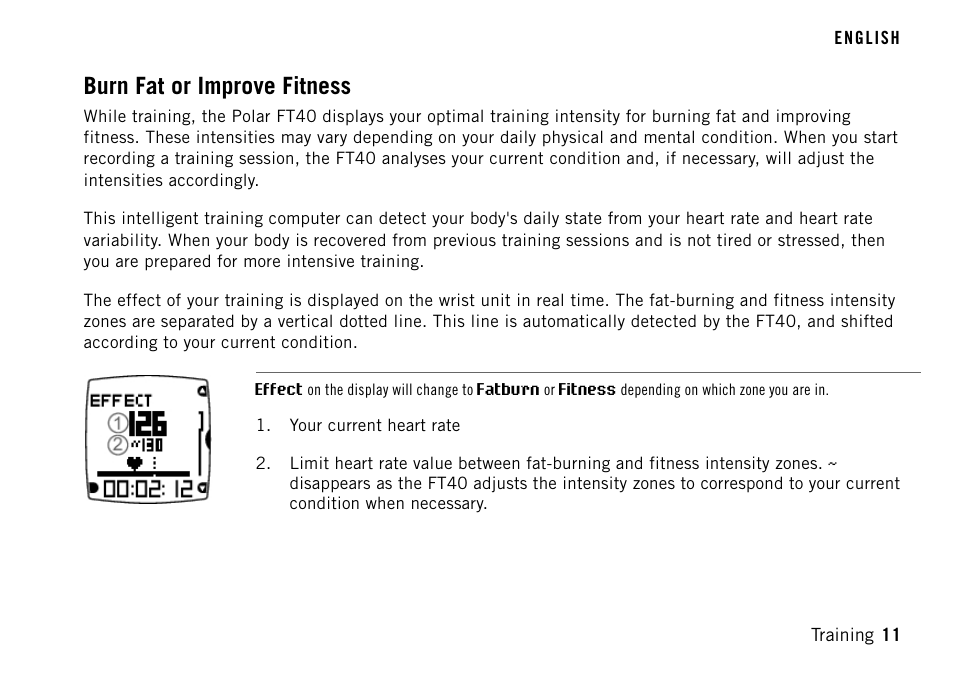 Burn fat or improve fitness | POLAR FT40TM User Manual | Page 11 / 38