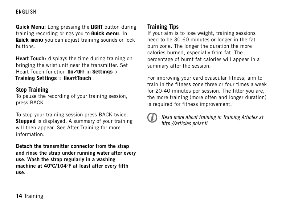 Stop training, Training tips | POLAR FT40TM User Manual | Page 14 / 38