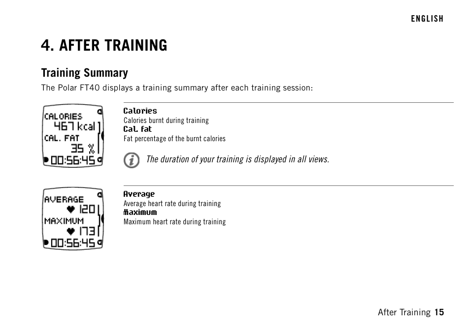 After training, Training summary | POLAR FT40TM User Manual | Page 15 / 38