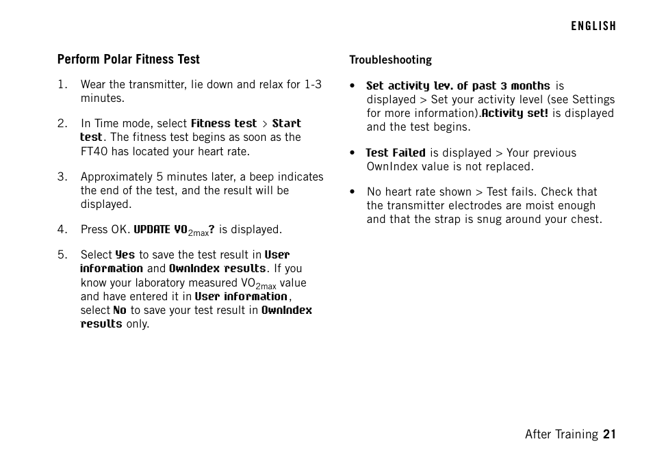 Perform polar fitness test | POLAR FT40TM User Manual | Page 21 / 38