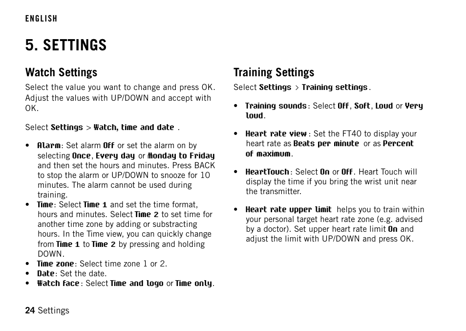 Settings, Watch settings, Training settings | POLAR FT40TM User Manual | Page 24 / 38