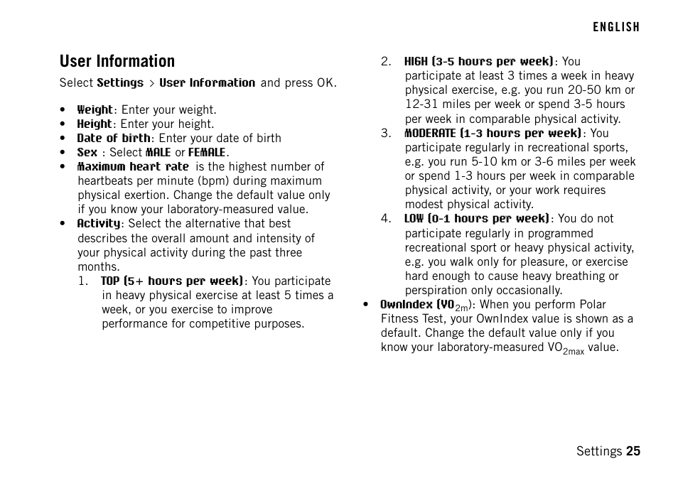 User information | POLAR FT40TM User Manual | Page 25 / 38