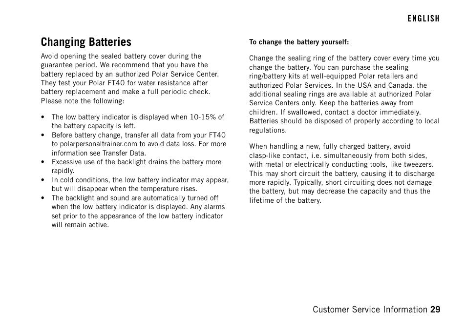 Changing batteries | POLAR FT40TM User Manual | Page 29 / 38