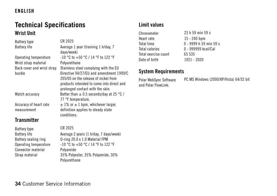 Technical specifications, Wrist unit, Transmitter | Limit values, System requirements | POLAR FT40TM User Manual | Page 34 / 38