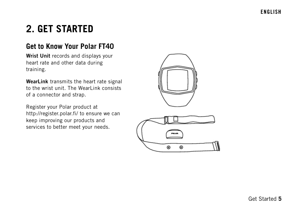 Get started, Get to know your polar ft40 | POLAR FT40TM User Manual | Page 5 / 38