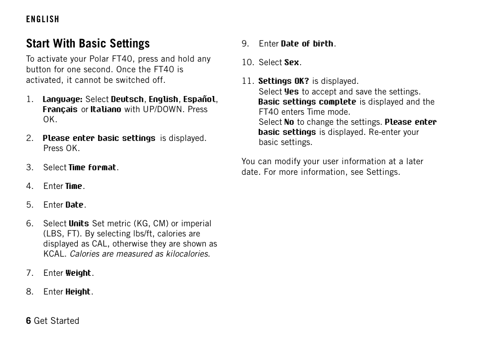 Start with basic settings | POLAR FT40TM User Manual | Page 6 / 38
