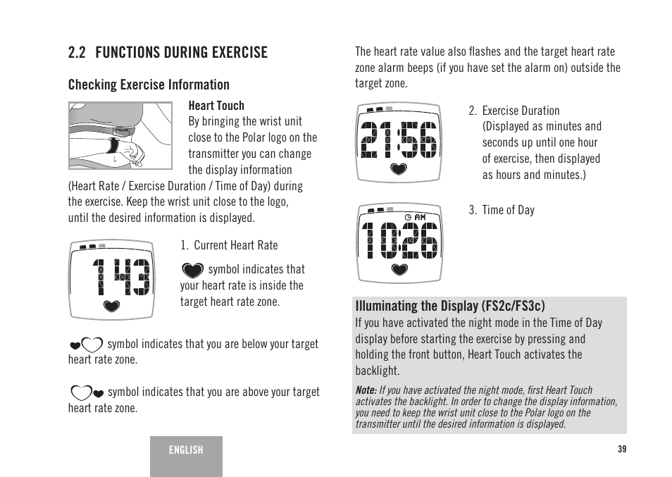 2 functions during exercise | POLAR FS3c User Manual | Page 10 / 26
