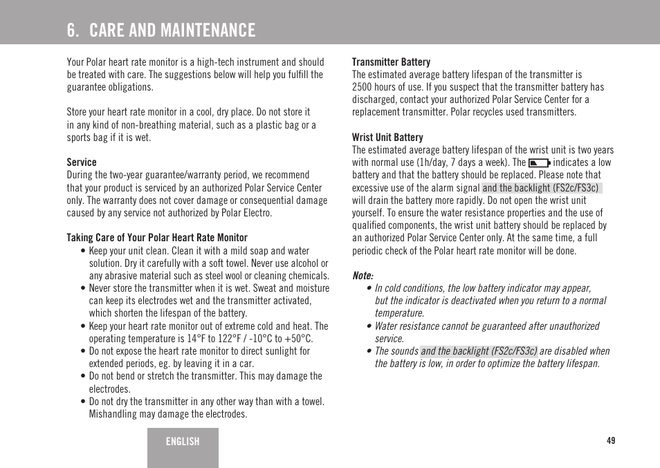Care and maintenance | POLAR FS3c User Manual | Page 20 / 26