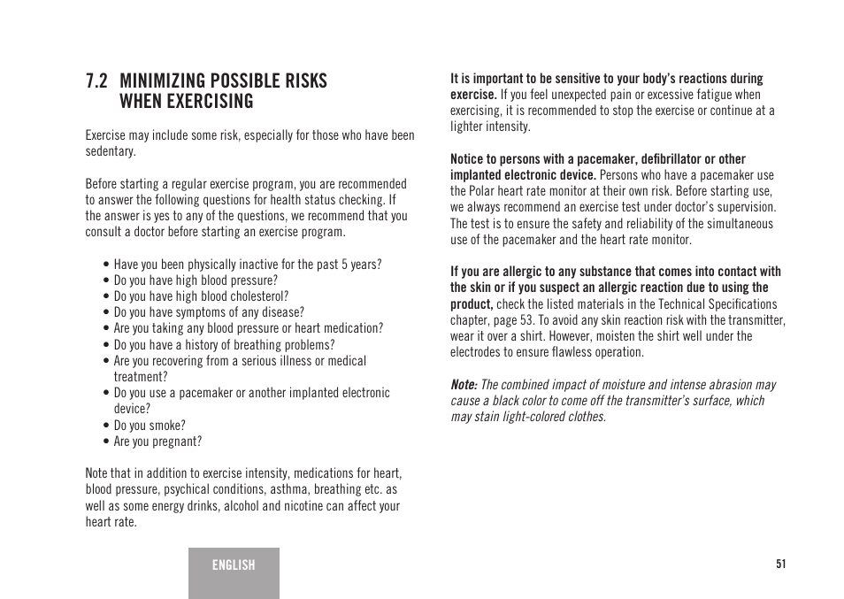 2 minimizing possible risks when exercising | POLAR FS3c User Manual | Page 22 / 26