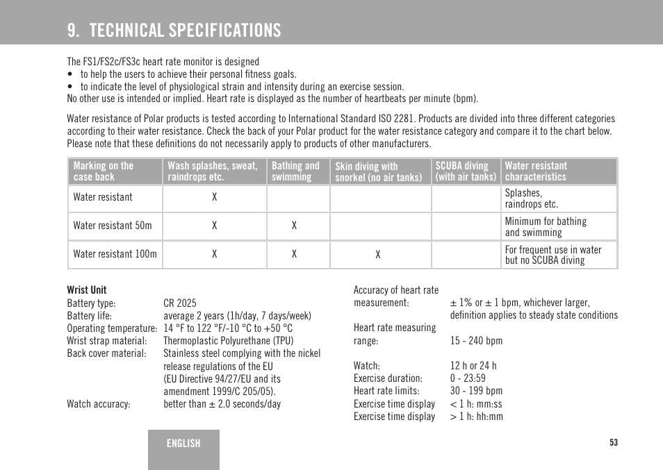 Technical specifications | POLAR FS3c User Manual | Page 24 / 26