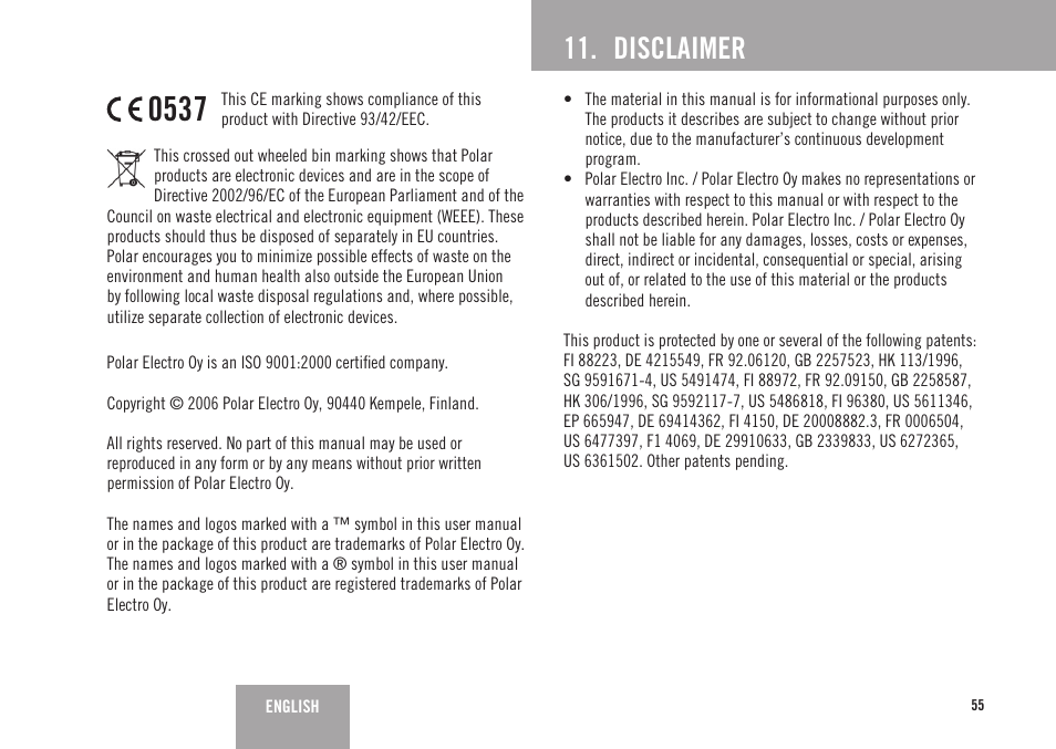 Disclaimer | POLAR FS3c User Manual | Page 26 / 26