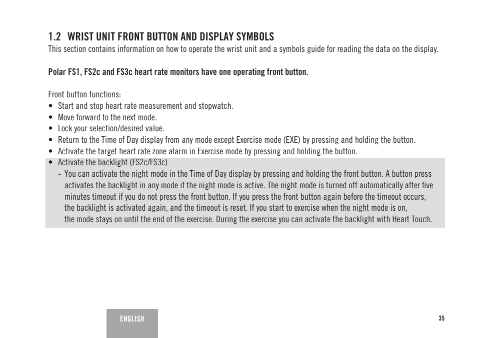 2 wrist unit front button and display symbols | POLAR FS3c User Manual | Page 6 / 26