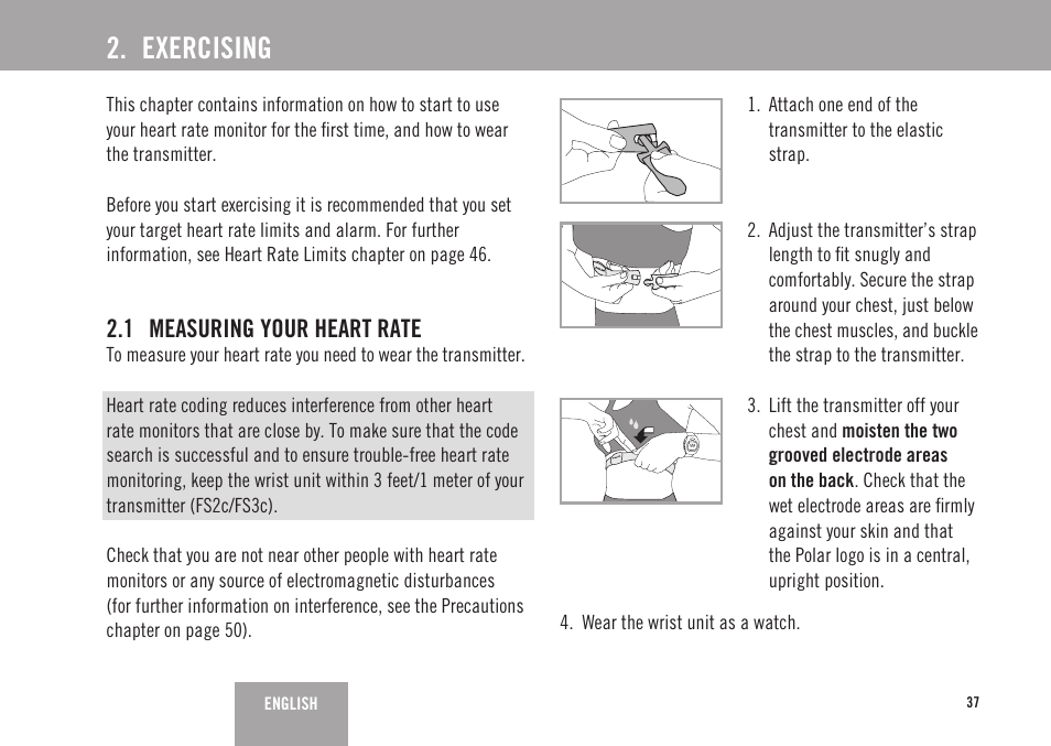 Exercising, 1 measuring your heart rate | POLAR FS3c User Manual | Page 8 / 26