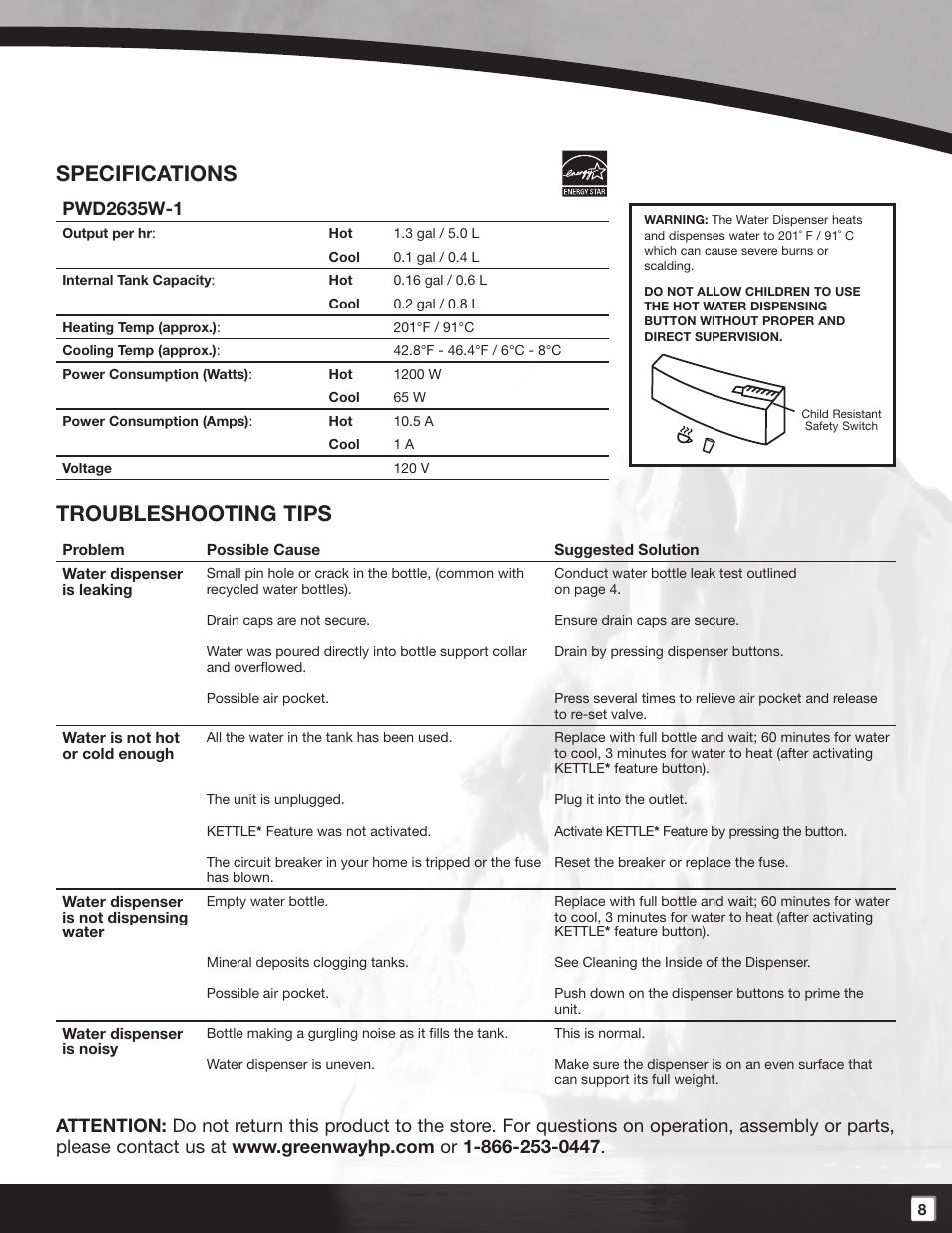 Specifications troubleshooting tips | POLAR PWD2635W-1 User Manual | Page 9 / 10