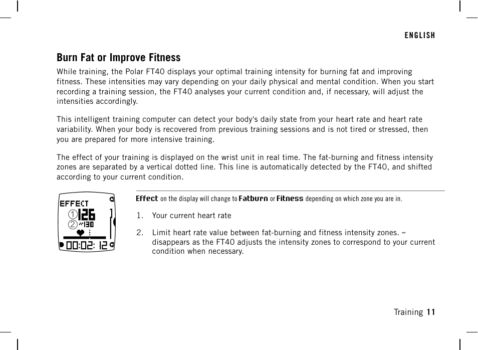 Burn fat or improve fitness | POLAR FT40 User Manual | Page 12 / 38