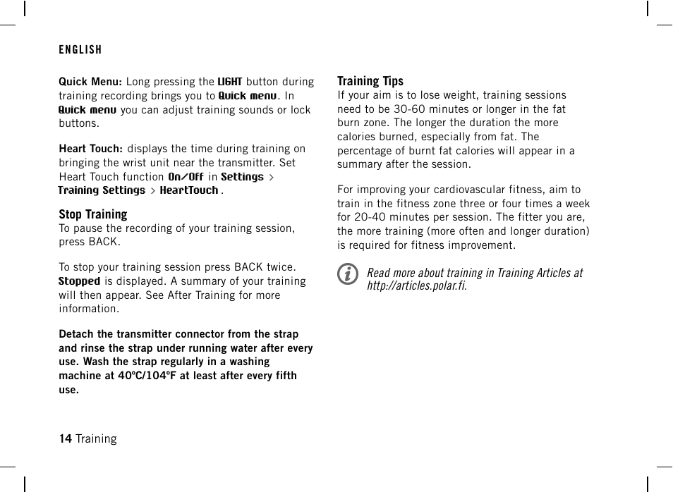 Stop training, Training tips | POLAR FT40 User Manual | Page 15 / 38