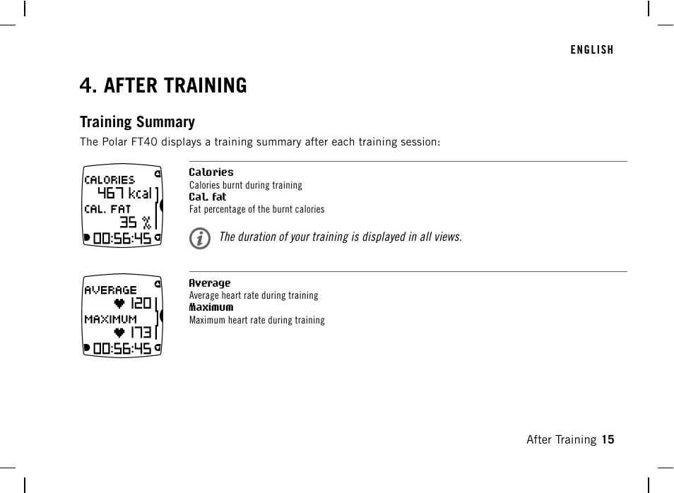 After training, Training summary | POLAR FT40 User Manual | Page 16 / 38