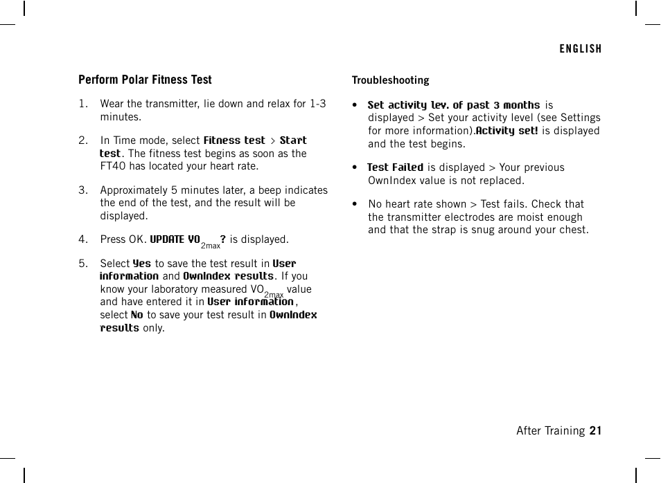 Perform polar fitness test | POLAR FT40 User Manual | Page 22 / 38