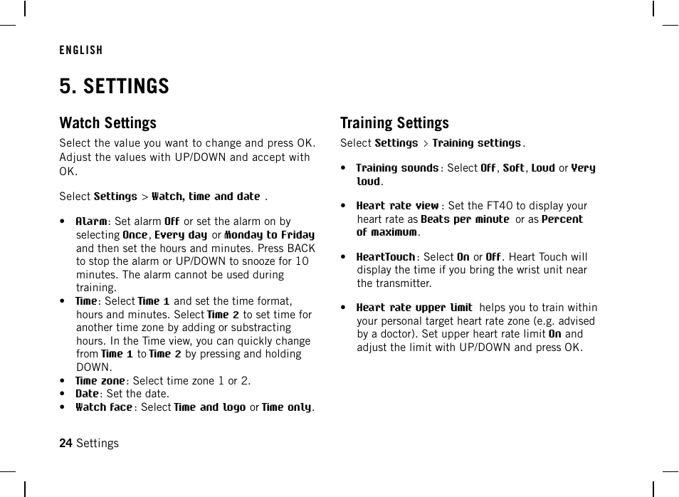 Settings, Watch settings, Training settings | POLAR FT40 User Manual | Page 25 / 38