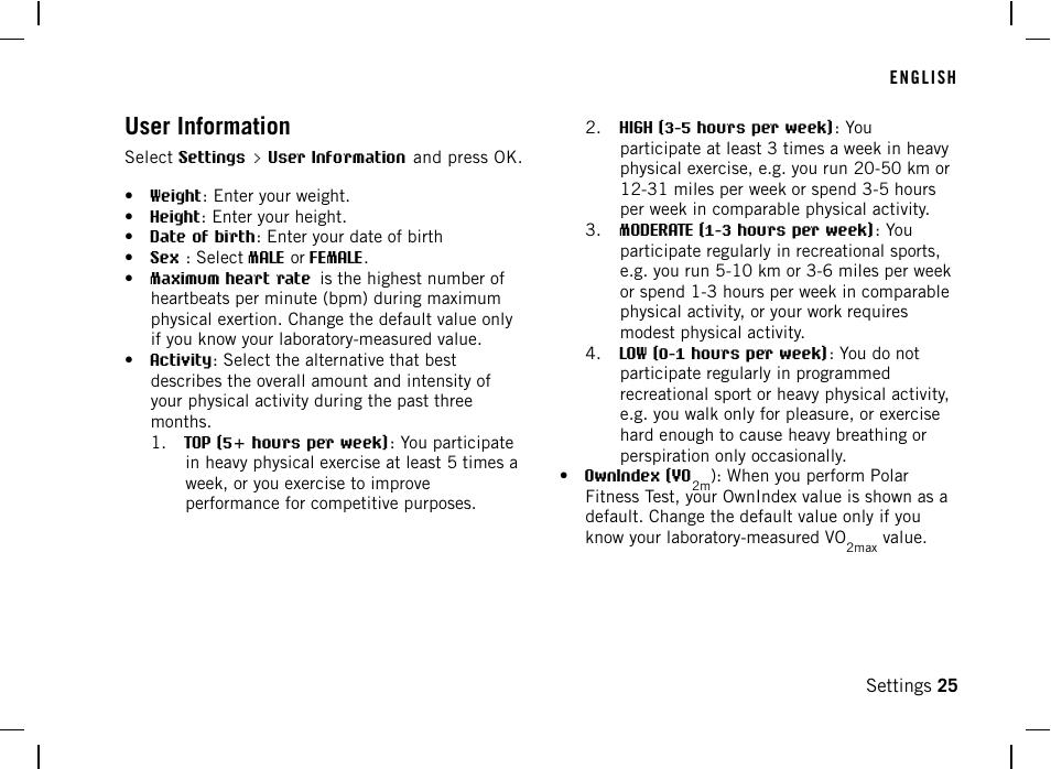 User information | POLAR FT40 User Manual | Page 26 / 38