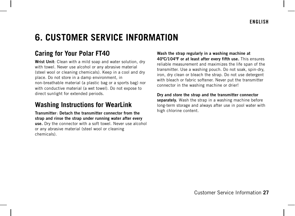 Customer service information, Caring for your polar ft40, Washing instructions for wearlink | POLAR FT40 User Manual | Page 28 / 38