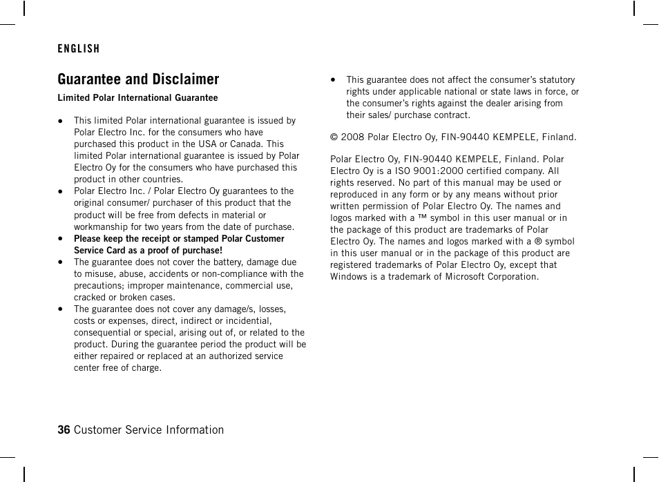 Guarantee and disclaimer | POLAR FT40 User Manual | Page 37 / 38