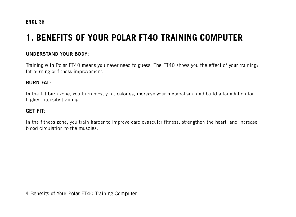 Benefits of your polar ft40 training, Computer, Benefits of your polar ft40 training computer | POLAR FT40 User Manual | Page 5 / 38