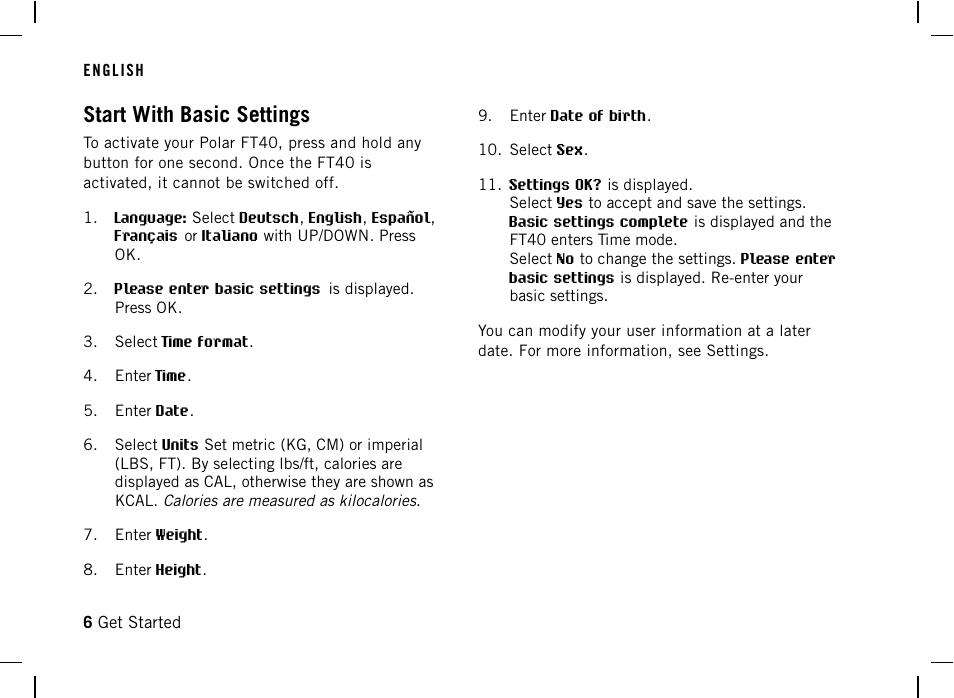 Start with basic settings | POLAR FT40 User Manual | Page 7 / 38