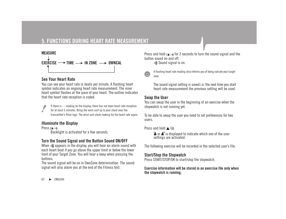 Functions during heart rate measurement | POLAR F92tiTM User Manual | Page 21 / 40