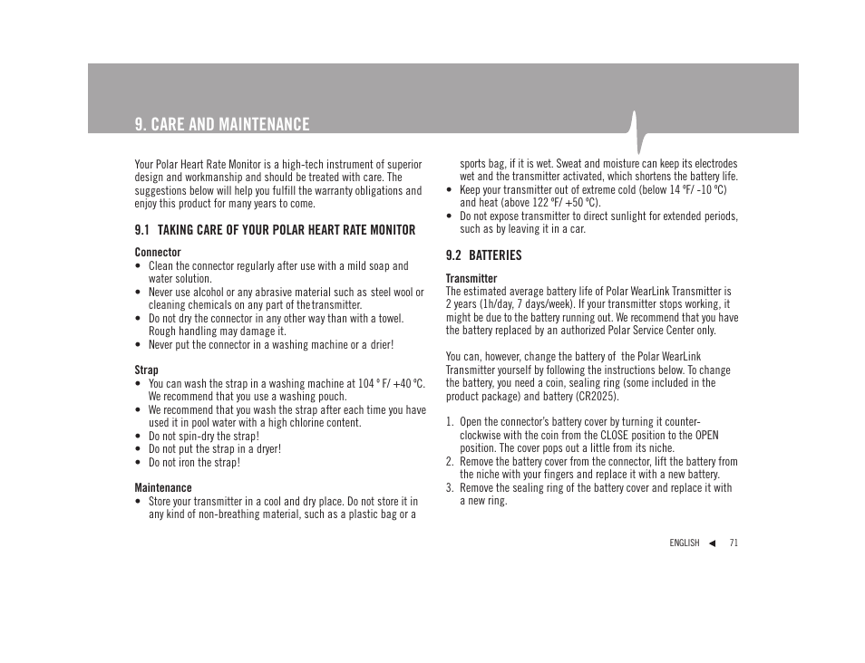 Care and maintenance | POLAR F92tiTM User Manual | Page 30 / 40