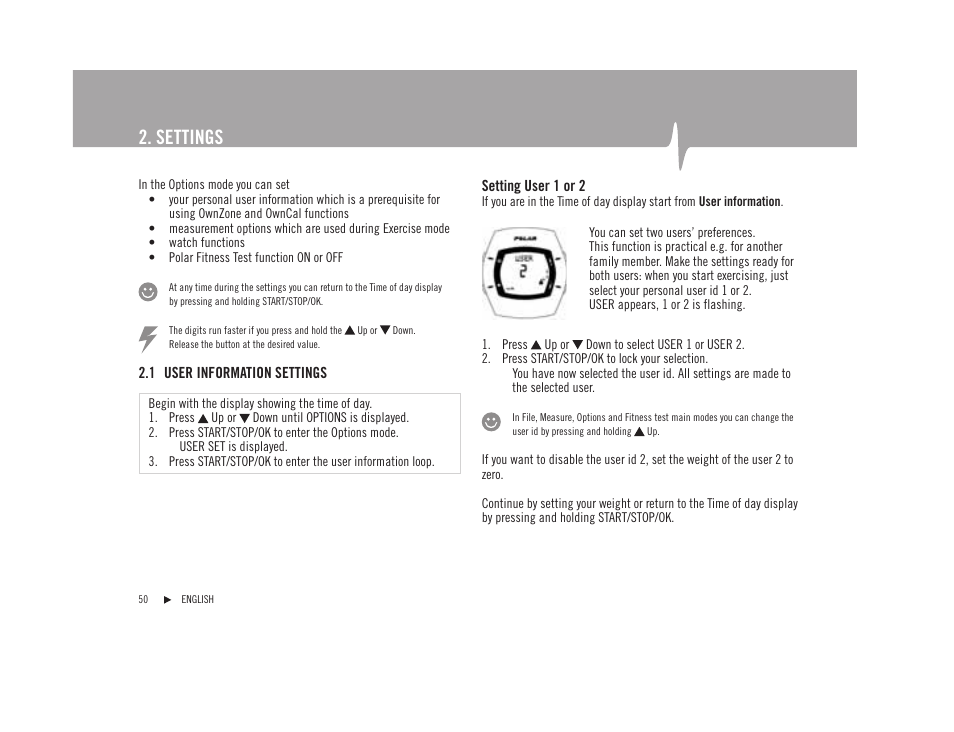 Settings | POLAR F92tiTM User Manual | Page 9 / 40