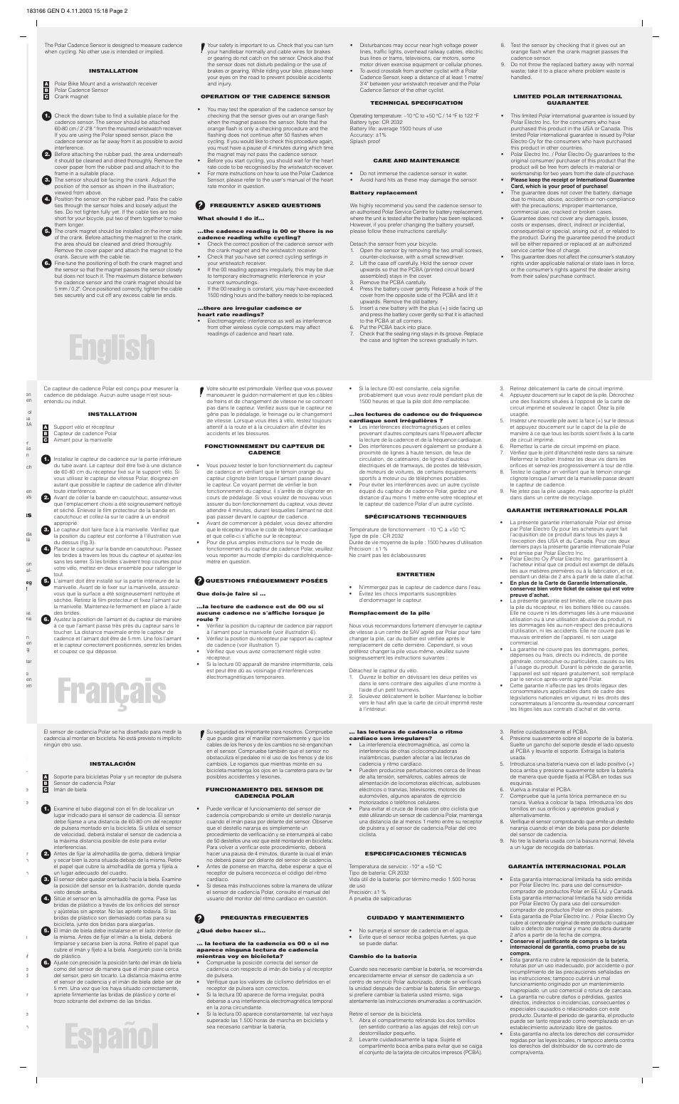 English, Français, Español | POLAR Cadence Sensor None User Manual | Page 2 / 4