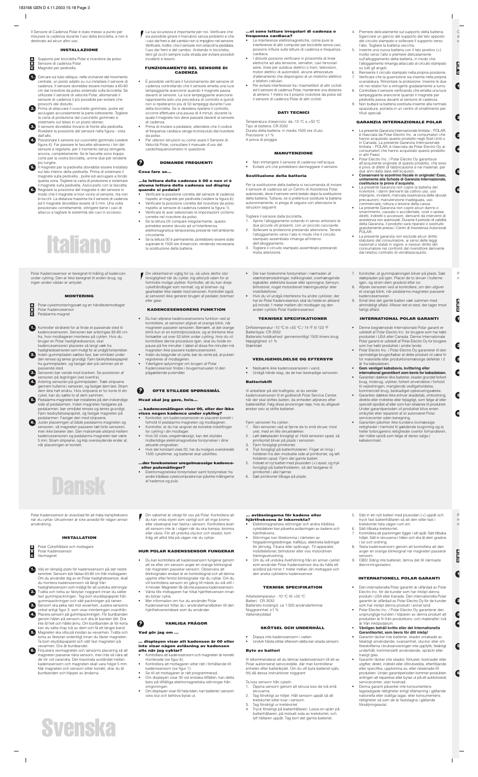 Dansk, Italiano, Svenska | POLAR Cadence Sensor None User Manual | Page 3 / 4
