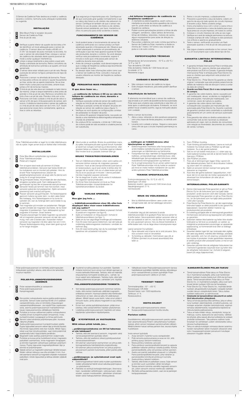 Suomi, Norsk, Portugués | POLAR Cadence Sensor None User Manual | Page 4 / 4