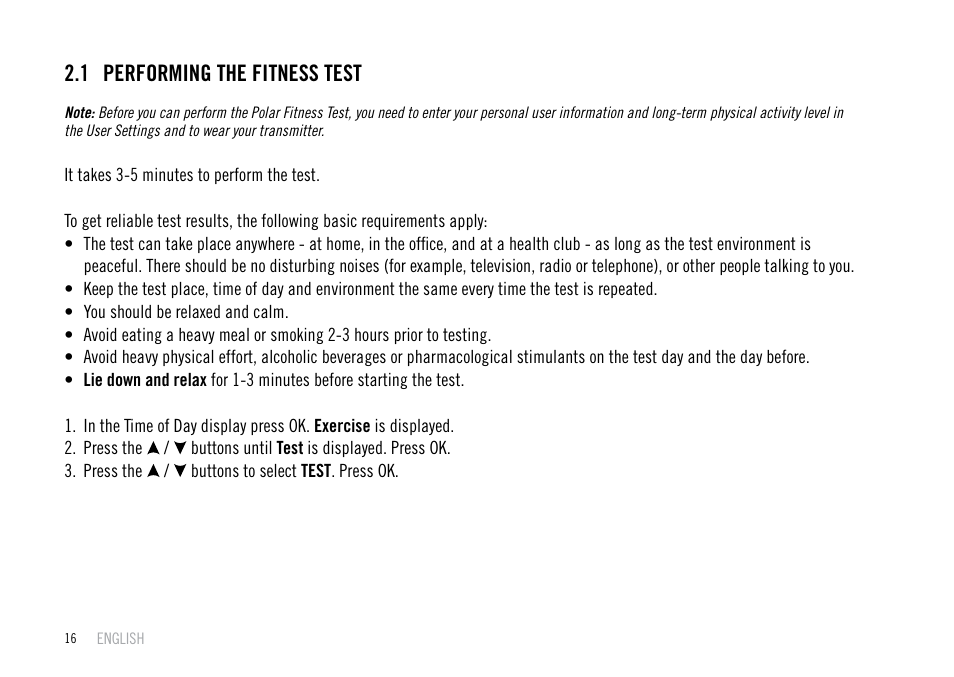 1 performing the fitness test | POLAR F55 User Manual | Page 14 / 98